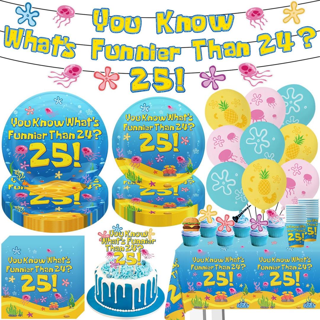 Blue Ocean Birthday Party Decorations Tableware 104Pcs Whats Funnier Than 24 25 Birthday Supplies Include Banner Balloons Plates Napkins Cups Tablecloth Cupcake Toppers and Cake Topper