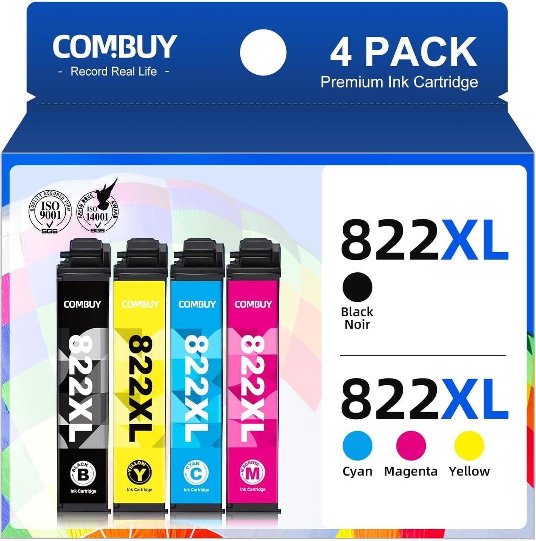 822XL Ink Cartridges Combo Pack Remanufactured Replacement for Epson 822XL Ink Cartridges 822XL Work for Epson WF-3820 WF-4820 WF-4830 WF-4833 WF-3823 WF-4834 Printer (1BK, 1C, 1M, 1Y)