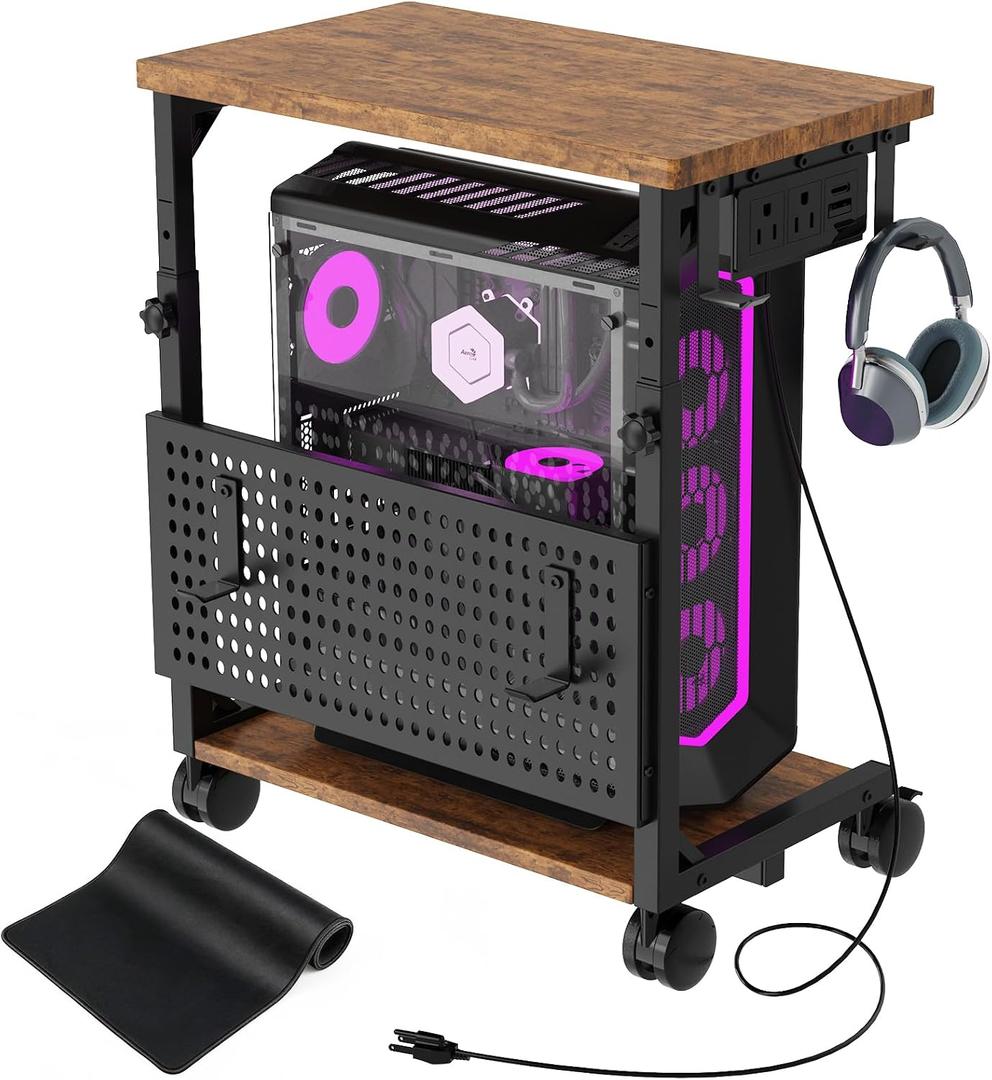 Adjustable Computer Tower Stand with Charging Station & Pegboard,Brown