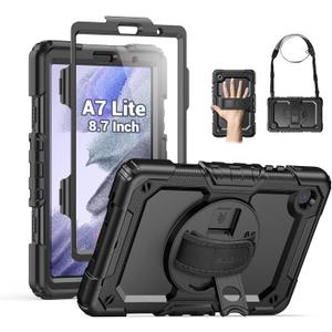 SEYMAC Case for Samsung Galaxy Tab A7 Lite 8.7" (SM-T220/ T225/ T227), Heavy Duty Full-Body Shockproof Protective Case with Screen Protector, Rotating Stand, Hand/Shoulder Strap, Black