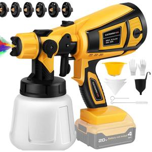 Cordless Paint Sprayer (Batteries Not Included), 200W HVLP Spray Gun with Cleaning & Blowing Joints for 20V Dewalt Battery, 6 Nozzles and 3 Patterns,Paint Sprayer for Furniture, Cabinets, Fence, Walls