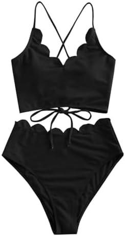 ZAFUL Women's Ruched High Waisted Tankini Swimsuit Criss Cross Bikini Set Tummy Control Bathing Suit (XL)