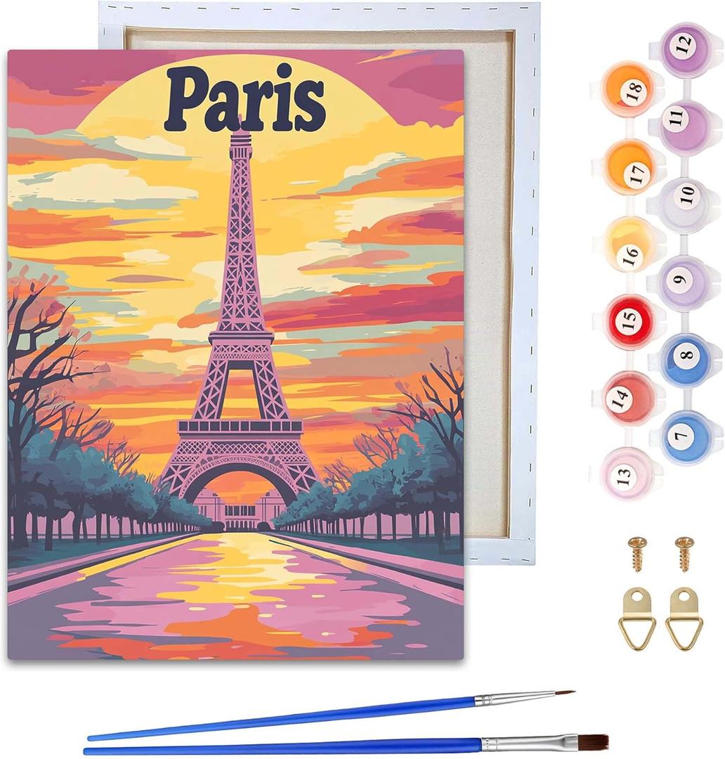 Reofrey Framed Paint by Numbers Kit for Adults & Beginner - 8x12 Inch Canvas Eiffel Tower Paint by Numbers - Landscape Educational & Creative Art Set for Beginners - Perfect for Home & Wall Decoration