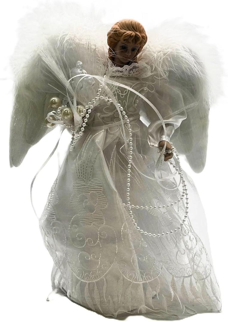 KSA 12" Lighted LED Fiber Optic White and Silver Angel Christmas Tree Topper, White