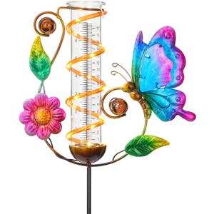 LEWIS&WAYNE 36.3 Butterfly Rain Gauge Outdoor, 7 Glass Tube Solar Powered 10 Warm White LEDs Garden Metal Stakes Decorative Waterproof for Yard Garden Patio Lawn