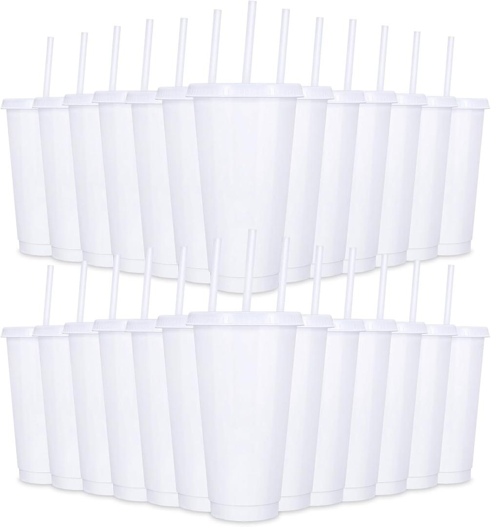 24 Pack Plastic Tumblers With Lids and Straws, Reusable 24 oz Colorful Cups for Parties, Birthdays, Iced Coffee, Cold Drinks (Stylish Colors-White)