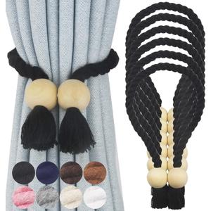 6 Pack Magnetic Curtain Tiebacks Cotton Hand Woven Tie Back Decorative Rope Holdbacks for Curtains Draperies No Tools Required, Black