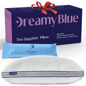 DreamyBlue Gusseted Sapphire Pillow  Adjustable Loft, Luxury Cover, Shredded Memory Foam Fill w/Cooling Beads  Ideal for Wide Shoulders  Neutral Alignment for All  CertiPUR-US Certified (Queen)