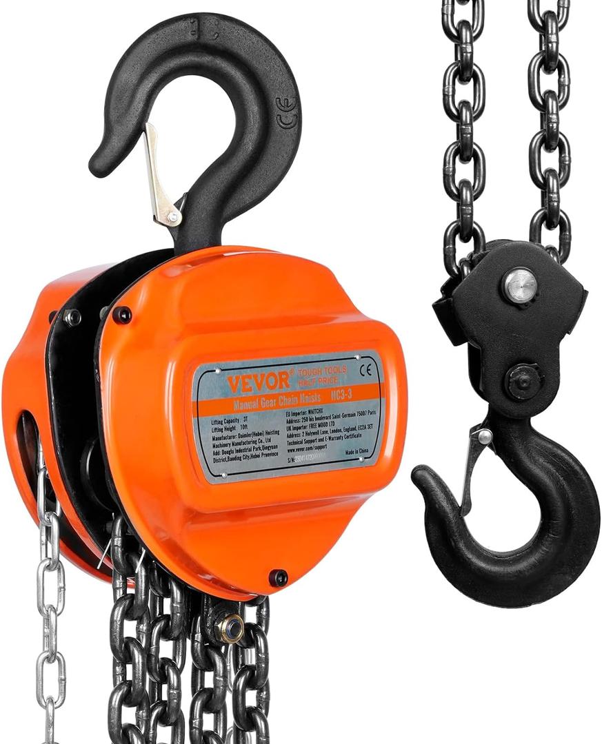 VEVOR Hand Chain Hoist, 3 Ton 6600 lbs Capacity 10 FT Come Along, G80 Galvanized Carbon Steel with Double-Pawl Brake, Auto Chain Leading & 360 Rotation Hook, for Garage Factory Dock