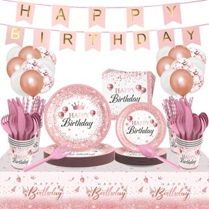 212Pcs Pink Birthday Decorations Disposable Dinnerware Sets,Birthday Party Supplies Plates Napkins Set Baby Shower Birthdays Party Plate Pink Set With Banners Cups Forks knives Spoons Serve 24