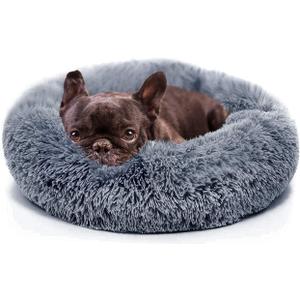 Small Calming Dogs Bed for Small Dogs Anti-Anxiety Machine Washable Fluffy Luxury Anti-Slip Waterproof Mute Base Warming Cozy Soft Pet Puppy Round Bed, 19 inches, Dark grey