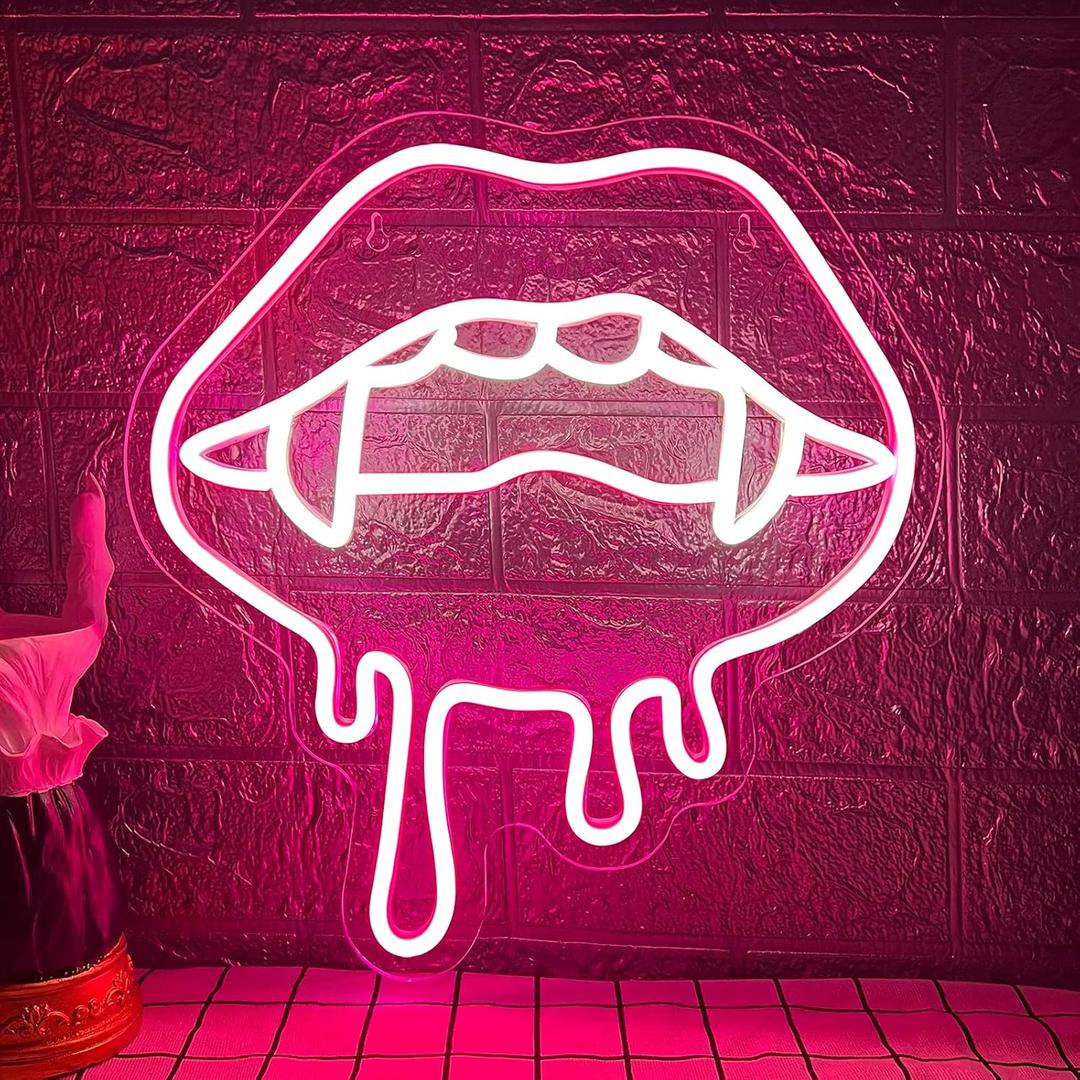 Lip Neon Sign, Halloween Lips Neon Light for Wall Decor, Red LED Big Lip Shaped Neon Signs for Party Aesthetics Decorations, USB Powered Custom Creative Neon Sign for Unique Gift,Man (Pink)
