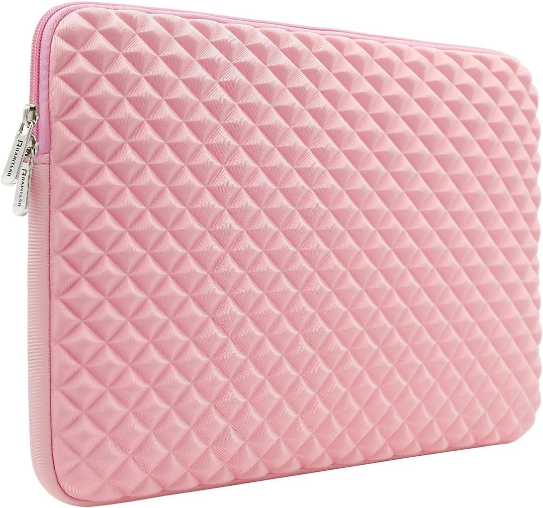 RAINYEAR 15 Inch Laptop Sleeve Diamond Foam Shock Resistant Neoprene Padded Case Fluffy Lining Protective Zipper Cover Carrying Bag Compatible with 15.4 MacBook Pro Touch Bar A1707 A1990(Pink)