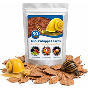 SunGrow 50 Pack Catappa Indian Almond Leaves for Snails and Crayfish, Mini Raw Dried Leaf for Fish Tank Aquarium, Maintains pH Levels