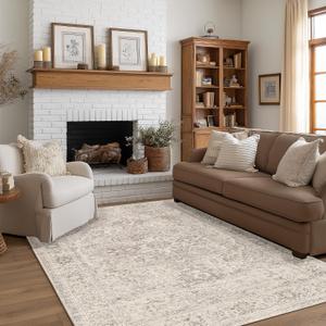FMFUNCTEX 5x7 Washable Area Rug Neutral Vintage Beige Distressed Non Slip Low Pile Traditional Indoor Carpet for Living Room Bedroom Soft Retro Mat Throw Rug for Dining Office Kitchen Dorm Entryway