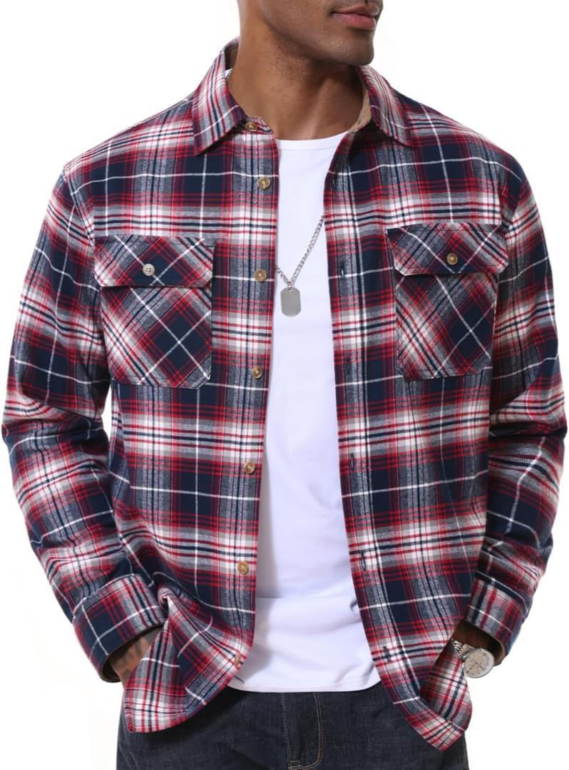 MAGNIVIT Flannel Shirt for Men Plaid Button Down Shirt Casual Cotton Shirt | cotton flannel plaid shirt, dual chest pockets, button down lapel design, relaxed fit for casual layering (Red, L)