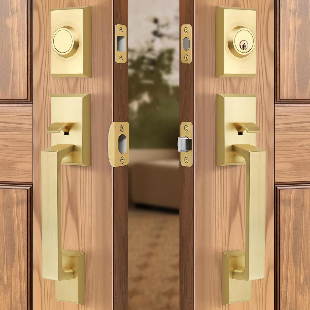 Brushed Gold Double Front Door Lock Set, Keyed Entry Front Door Handleset with Dummy, Square Heavy Duty Door Lever and Single Cylinder Deadbolt Combo, Satin Brass