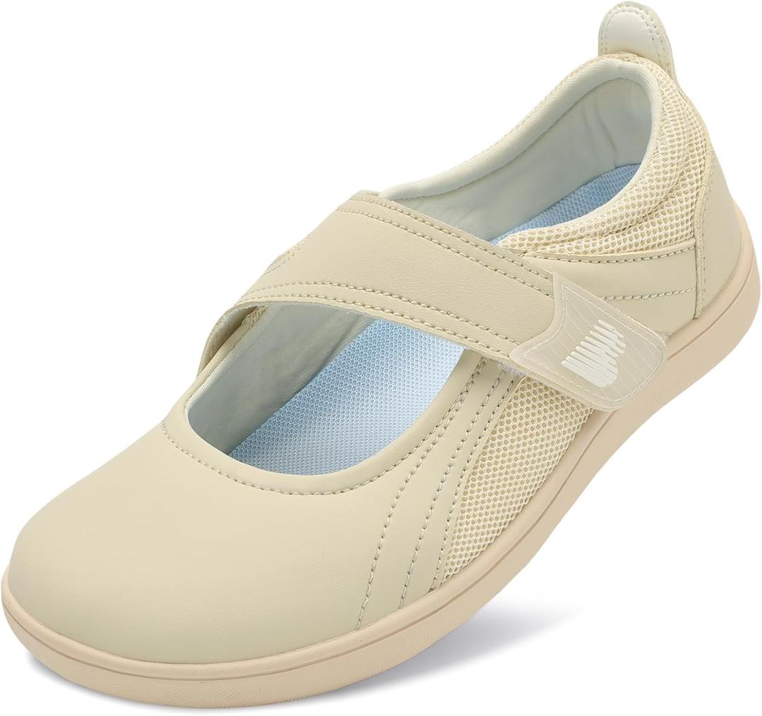 BARERUN Womens Walking Shoes Black Mary Jane Shoes Wide Toe Diabetic Shoes for Women Adjustable Ultlight Breathable Barefoot Shoes Cozy Zero Drop Non Slip Daily Shoes Beige 9 Wide