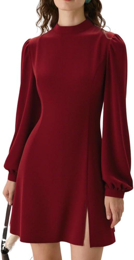 RIHOAS Women's High Neck Sheer Sleeve Cocktail Dress, Slim Fit Long Sleeve Side Slit Little Black Dress (Red, XS)