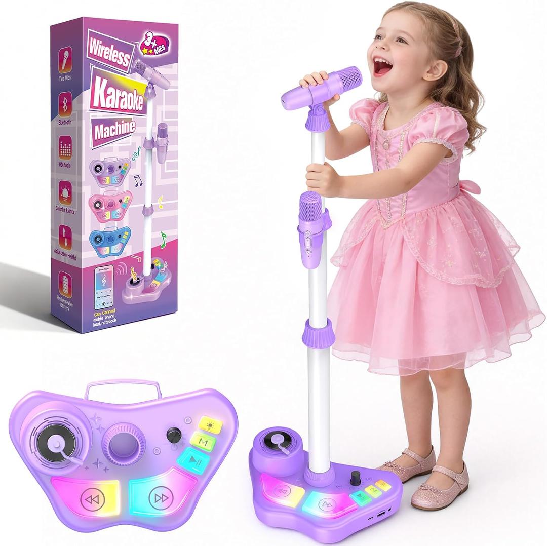 Stand Karaoke Machine for Kids, Singing Toys Gifts for 3 4 5 6 7 8 Year Old Girls Boys, Rechargeable Kid Microphone Bluetooth Speaker with 2 Wireless Mic for Girl Age 4-6 Toddler Birthday Party Toy (Purple)