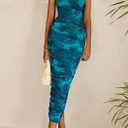 PRETTYGARDEN Wedding Guest Dresses for Women Summer 2026 One Shoulder Ruched Mesh Bodycon Cocktail Beach Floral Maxi Dress (Blue, S)