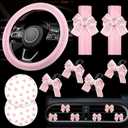 15 Pcs Pink Car Accessories Set for Women Bow Car Accessories Set Pink Leather Steering Wheel Cover Universal Fit 15 Inch Seat Belt Cover Bow Hook Pink Bow Car Coaster Bow Air Vent Clip