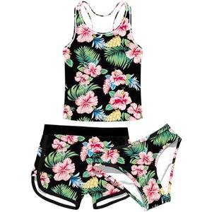 uideazone Girls 3 Piece Bathing Suit Summer UPF 50+ Racerback Swimsuit with Shorts Beach Tankini Sets 8-16 Years