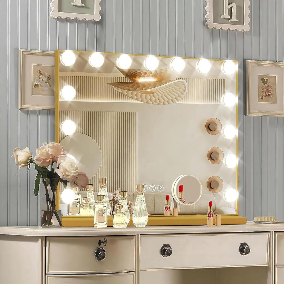 Ratsamee Gold Hollywood Vanity Mirror with Lights, 15 Dimmable Bulbs, 3 Color Lights,Make Up Lighted Mirror, Aluminum Metal Frame, USB Charging Port23" x 18"