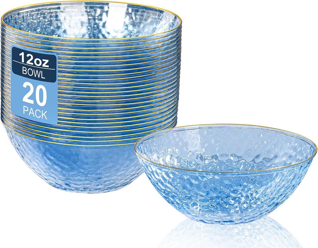 I00000 20 Pack 12 Ounce Blue Plastic Bowls Hammered Gold Rimmed Crystal Like, Heavy duty Disposable Bowl Set,Elegant Soup/Salad/Dessert/Ice Cream Bowls For Thanksgiving Party, Weddings, Catering