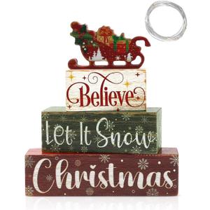 5 Pcs Winter Table Decor Wooden Hot Cocoa Decoration with Lights Centerpiece Winter Tiered Tray Decorative Farmhouse Christmas Decor for Home