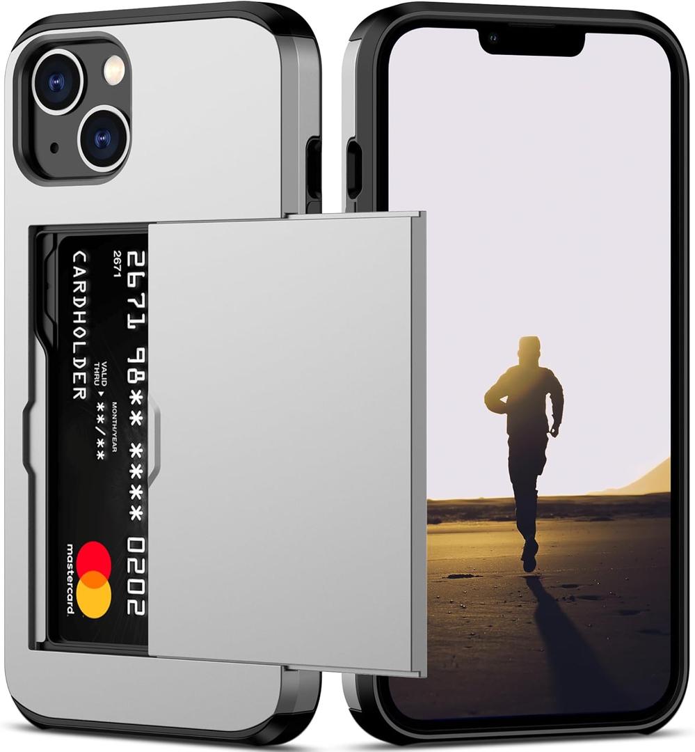 Nvollnoe for iPhone 13 Case with Card Holder Heavy Duty Protective Dual Layer Shockproof Hidden Card Slot Slim Wallet Case for iPhone 13 for Women&Men(Silver)