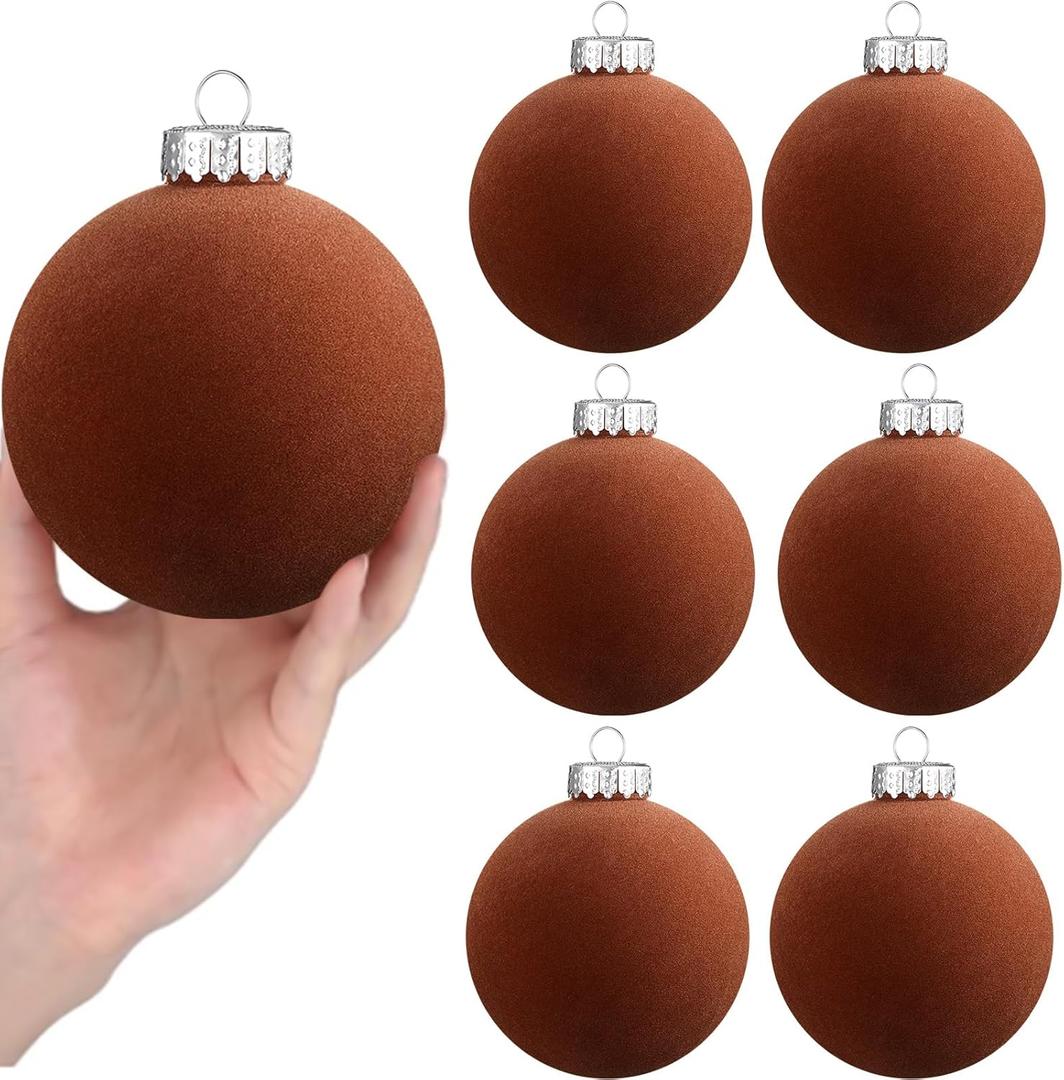 6 Pcs Christmas Velvet Balls 4 Inch Large Matte Neutral Brown Flocked Christmas Hanging Ornaments Decor Shatterproof Luxury Handmade Velvet Balls Xmas Tree Ornaments Bulb for Wedding Anniversary Party