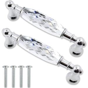 4-Pack 3.78'' Glass Dresser Drawer Handles/Clear Pulls Knob Chrome Metal/Silver Modern Crystal Cupboard Cabinet Handle Pull Knobs 96mm (4, 3.78" Hole Center Style A)