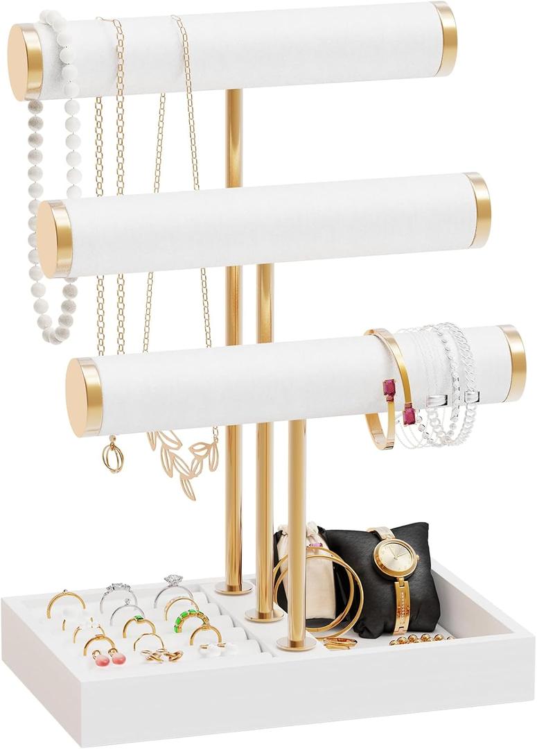 Abiglifty 3 Tier Necklace Holder Display, Jewelry Organizer, Jewelry Stand, Bracelet Display, Necklace Organizer, Bracelet holder, Jewelry Display for Necklace, Watches, Rings, white