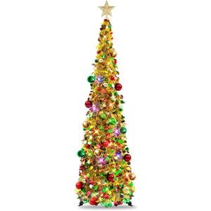 N&T NIETING Pop Up Christmas Tree with Lights, Collapsible Tinsel Xmas Tree Decorations, Pencil Christmas Tree Skinny Tree for Holiday Xmas Home Office Decor, 30 Balls, 5Ft, Gold Mix