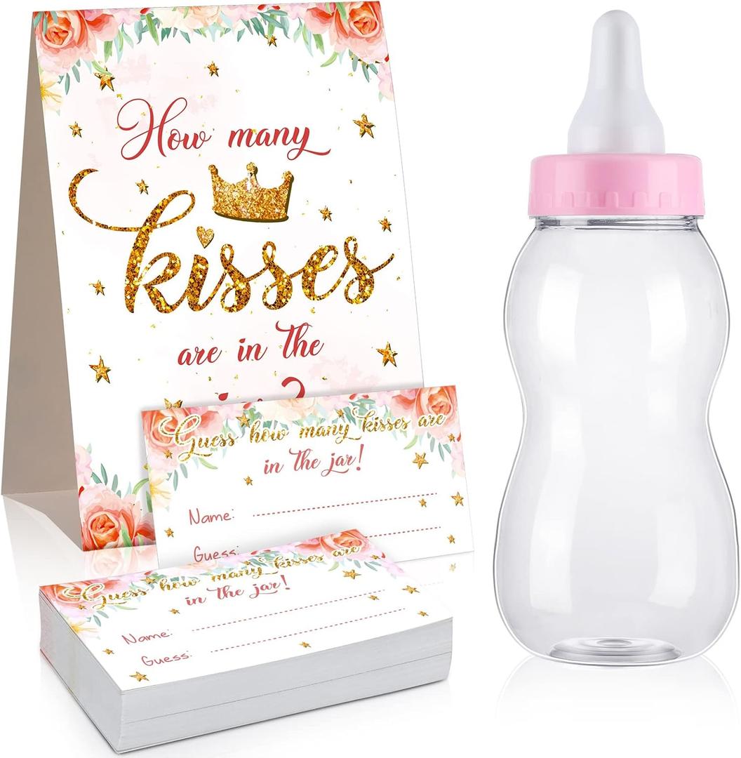 Fuutreo 52 Pcs Guess How Many Baby Shower Game Favors Includes Big Baby Bottle Large Standing Sign with 50 Small Cards Floral Greenery Decorations for Girl Boy Gender Reveal Party Game(Pink Floral)