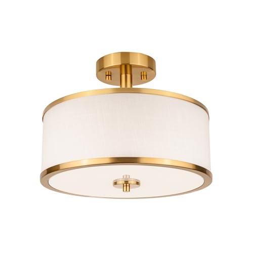 Edwarmlux 3-Light Semi Flush Mount Ceiling Light Fixture, 12.6" Gold Drum Light with White Fabric Shade, Modern Close to Ceiling Light for Living Room Bedroom Dining Room Kitchen Hallway Entry Foyer