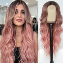 NAYOO Long Wavy Wigs for Women Middle Part Ombre Pink Wig with Dark Roots Synthetic Heat Resistant Fiber Women Wigs for Daily Party Use (Pink)