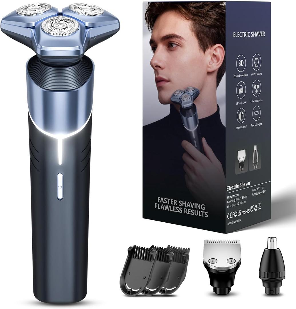 Electric Razor for Men: 3-in-1 Shaver with Hair Clipper and Nose Hair Trimmer, 10000 RPM High Speed Motor, Vivid Blue
