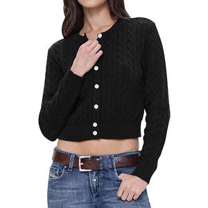 Balimtoy Women Cable Knit Cardigan Cropped Long Sleeve Crewneck Button Down Sweater Cardigans Cute Y2k Fall Jacket Black XL