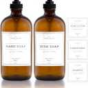 Vine Creations Amber Glass Soap Dispenser, 2 Pack Kitchen Soap Dispenser Set with Rustproof Pump, 16 oz Dish Soap and Hand Soap Dispensers for Bathroom with Waterproof Labels