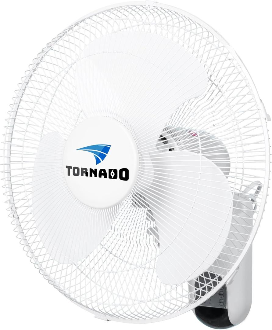 Tornado 16 Inch 3 Speed Oscillating Wall Mount Fan for Home, Remote Control Included, Adjustable Tilt 2650 CFM 6 FT Cord UL Safety Listed, White