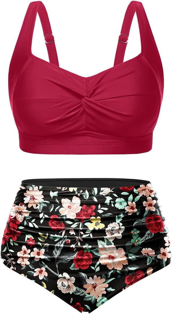 Tempt Me Women Plus Size High Waisted Bikini Set Two Piece Swimsuit Tummy Control Bathing Suits (Red and Floral), Size 16W