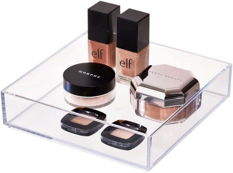 iDesign Decorative Countertop Vanity Tray Organizer for Bathroom, Bedroom, Closet, Entryway, The Clarity Collection  8" x 8" x 2", Clear