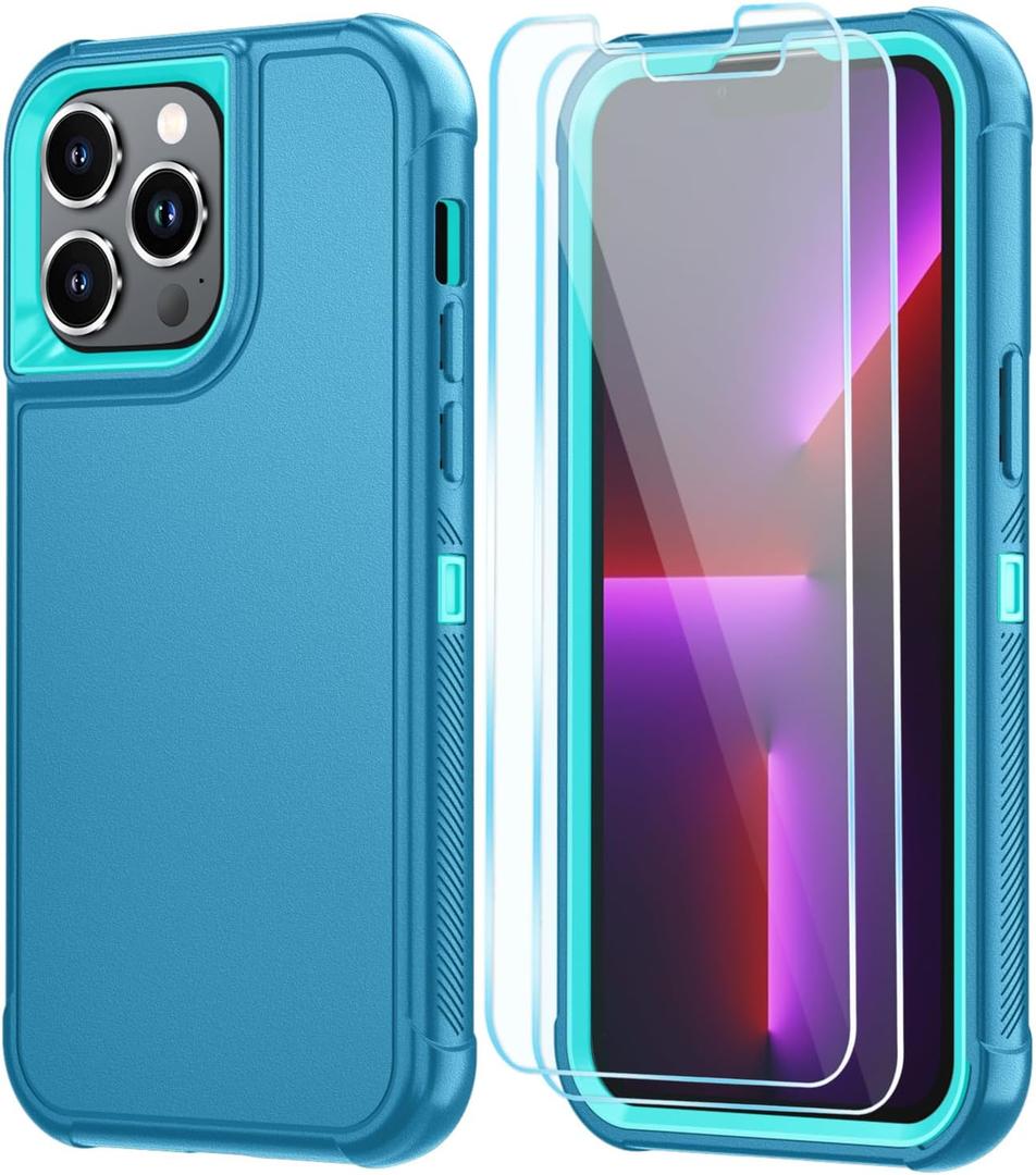 SunStory Compatible with iPhone 13 Pro Case with HD Screen Protector, 3-Layer Heavy Duty Full-Body Cover,3 in 1 Hybrid Protective Case for iPhone 13 Pro 6.1", LakeSkyBlue