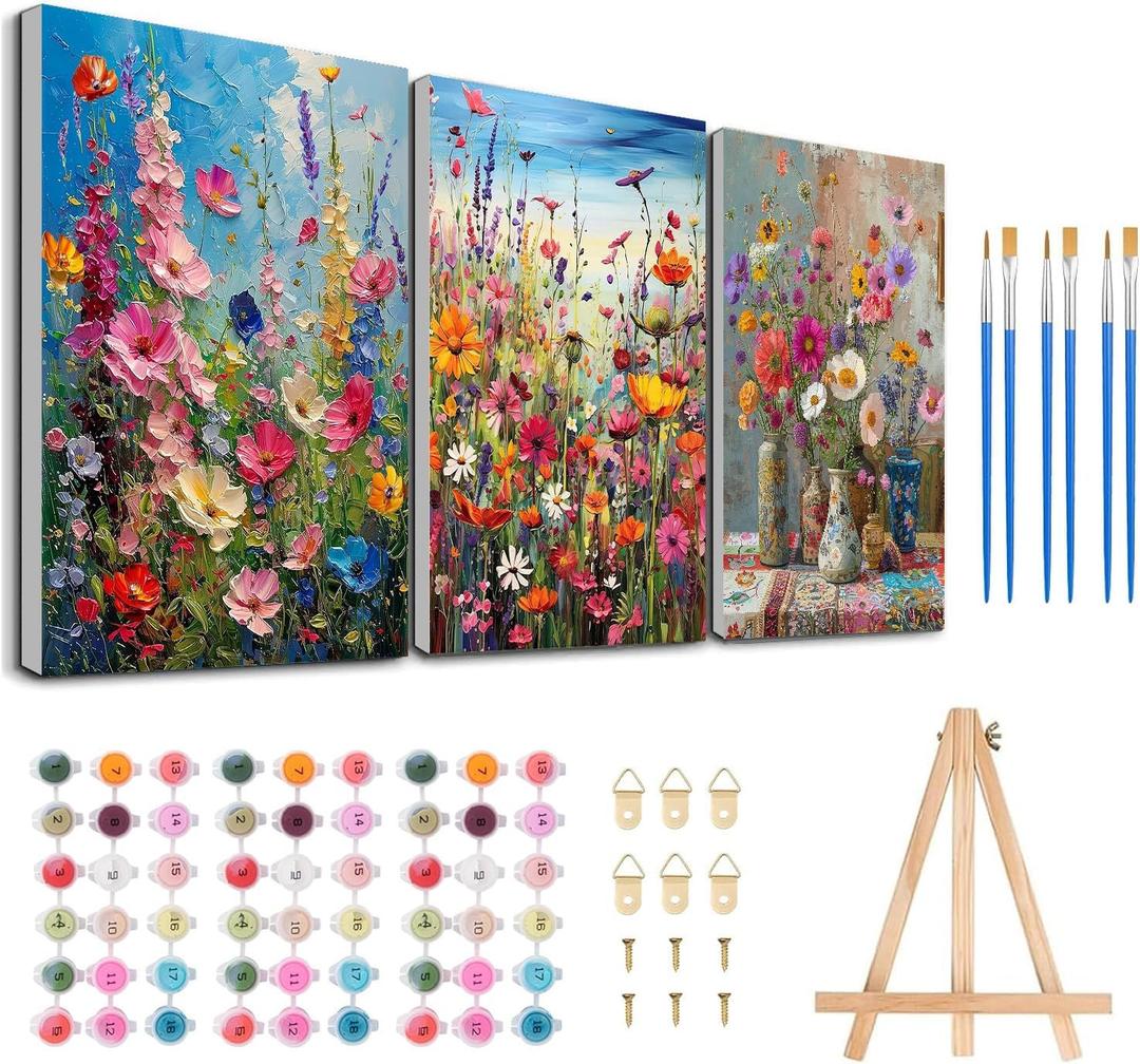 3 Pack Floral Framed Paint by Numbers for Adult with Wooden Easel 8x12 inch | Wildflowers Paint by Number on Canvas Oil Painting Kit with Brushes, Easy Adults' Paint-by-Number Kits for Home Wall Decor