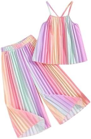 RoseSeek Girl's 2 Piece Boho Outfits Pleated Spaghetti Strap Camisoles and Elastic Waist Wide Leg Pants, Size 5Y
