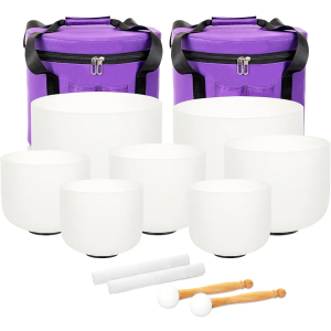 7-12 inch 432HZ Crystal Singing Bowls Chakra Set of 7 Meditation Bowl Frosted Healing Quartz Sound Singing Bowls with 2 Travel Carry Case Bag 2 Mallet Suede 2 Strikers 7 O-rings