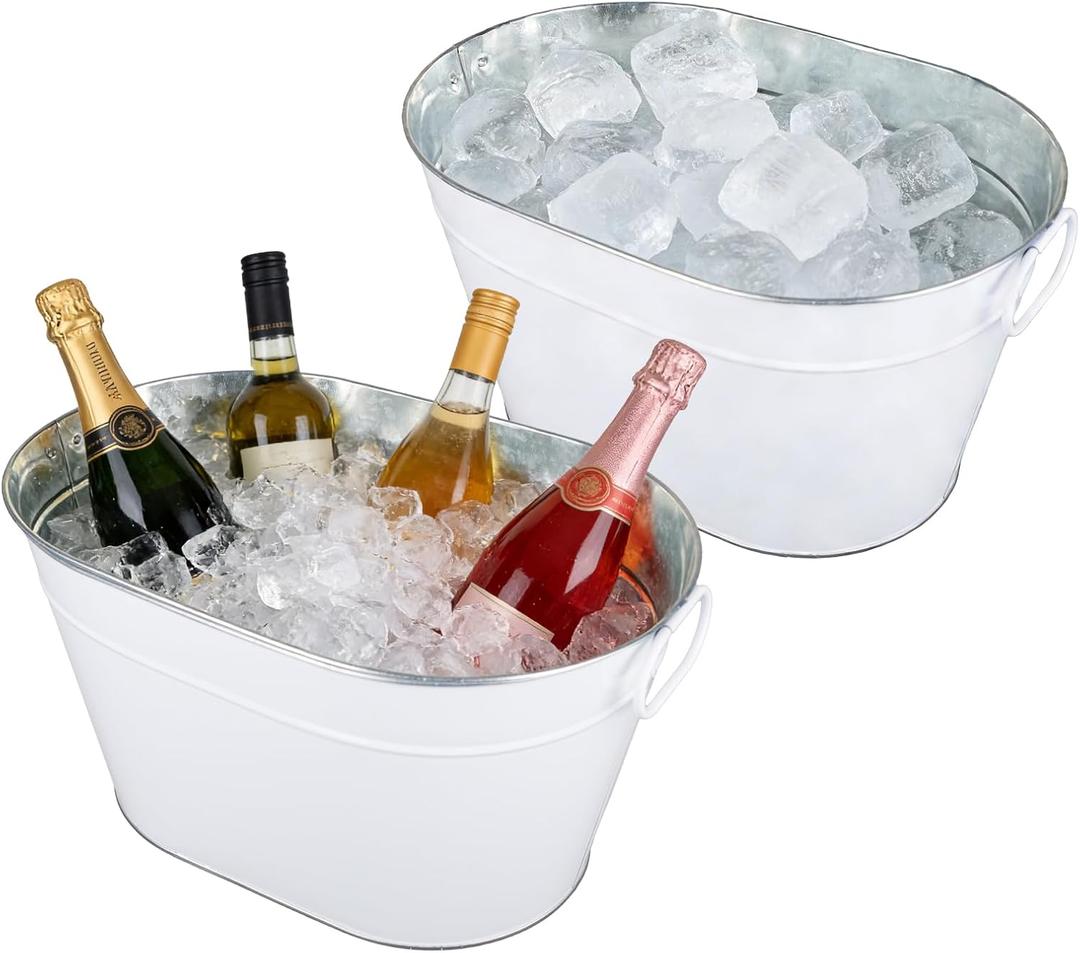 2 Pack Galvanized Beverage Tub, 3 Gallon Ice Buckets Metal Drink Buckets with Handles for Champagne Cocktails Wine Beer for Catering MimosaBars Parties, White