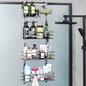 Orimade Shower Caddy Adjustable Height 4 Tier Silver,Bathroom Hanging Over the Door Organizer Shelf Rustproof with 4 Hooks, Shower Basket with Soap Holder and Suction Cup